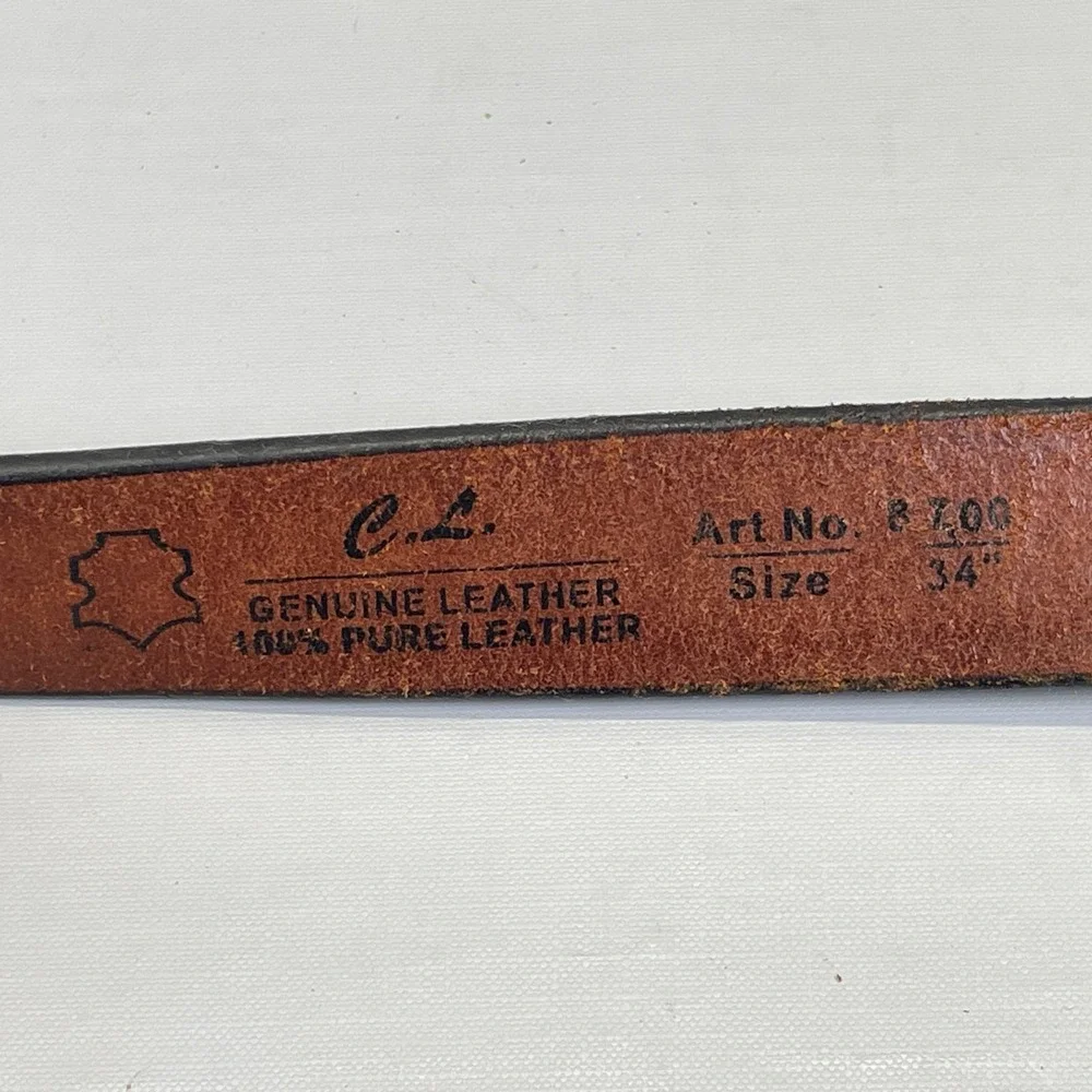C.L. Embossed Belt Mens Size 34 Brown Genuine Leather Western Silver Tone Buckle